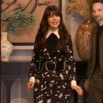 Zooey Deschanel’s black musical print dress on The Drew Barrymore Show