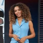 Zuri’s blue vest and pants on Access Hollywood