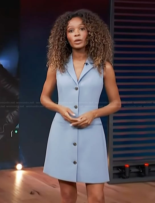 Zuri’s blue button fornt mini dress on Access Hollywood