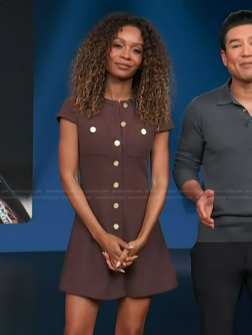 Zuri’s brown button front mini dress on Access Hollywood