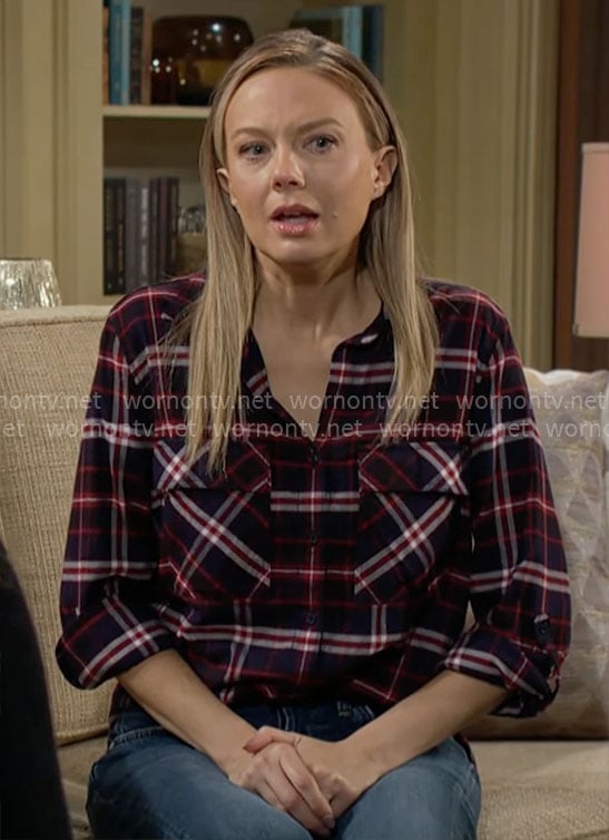 Abby's navy and red plaid shirt on The Young and the Restless