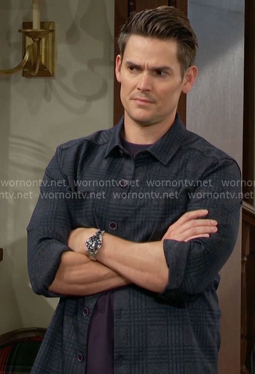 Adam's navy plaid shirt on The Young and the Restless
