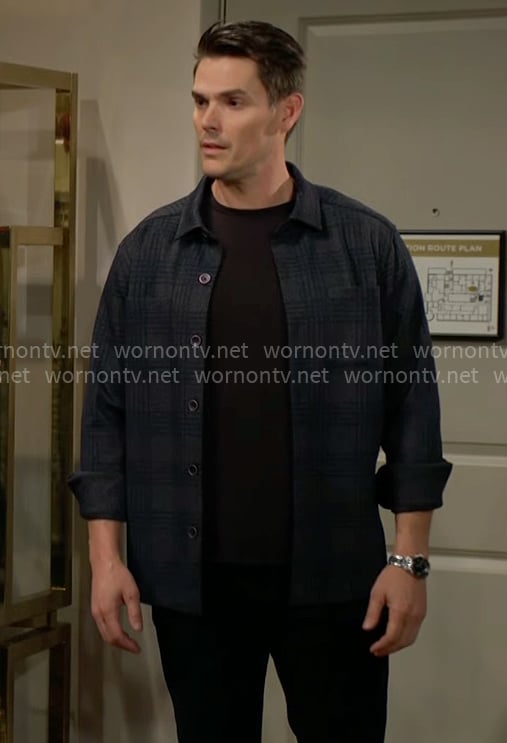 Adam's navy plaid shirt on The Young and the Restless