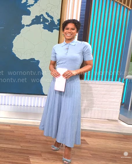 Adriana Diaz’s powder blue polo top and maxi skirt set on CBS Mornings