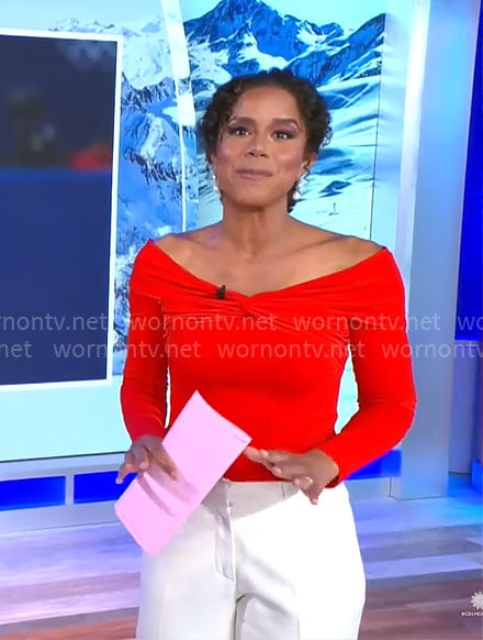 Adriana Diaz’s red off-shoulder top on CBS Mornings