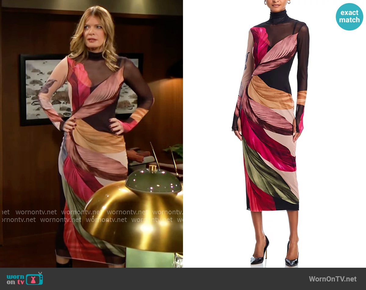 AFRM Shailene Dress in Feather Fan worn by Phyllis Summers (Michelle Stafford) on The Young and the Restless