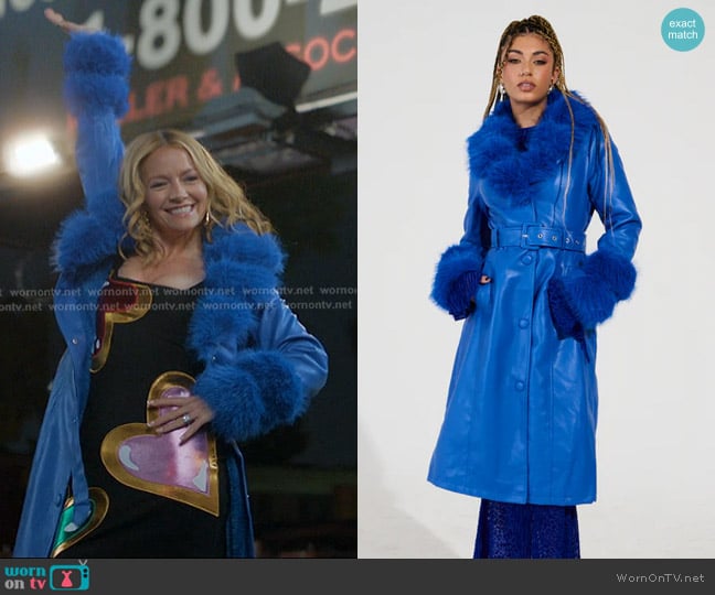 Akira New Kaya Fur Lined Trench in blue worn by Lorna Crane (Becki Newton) on The Lincoln Lawyer