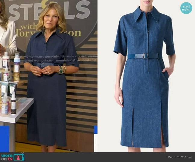 Akris Belted Stretch Cotton Denim Shirtdress in Denim Blue worn by Tory Johnson on Good Morning America
