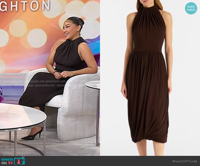 Adrienne’s brown gathered dress on Today