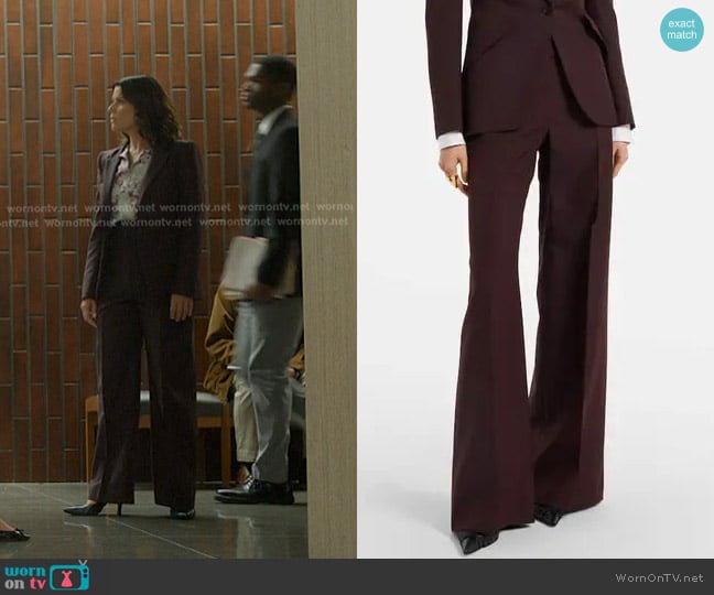 Alexander McQueen Wool And Mohair Wide-leg Trousers in Burgundy worn by Maggie McPherson (Neve Campbell) on The Lincoln Lawyer