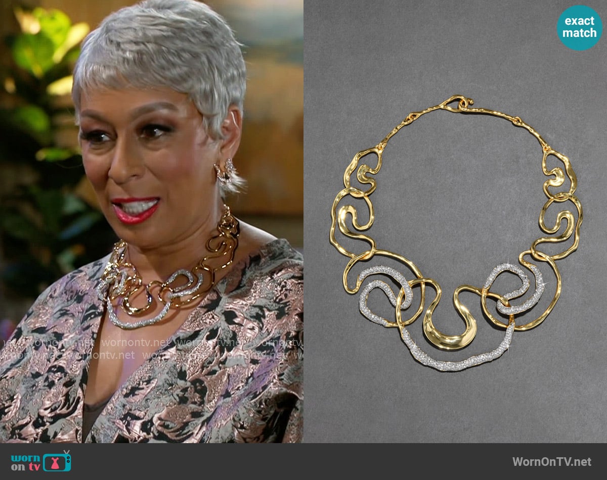 Alexis Bittar Solanales Gold Crystal Intertwined Necklace worn by Anita Dupree (Tamara Tunie) on Beyond the Gates