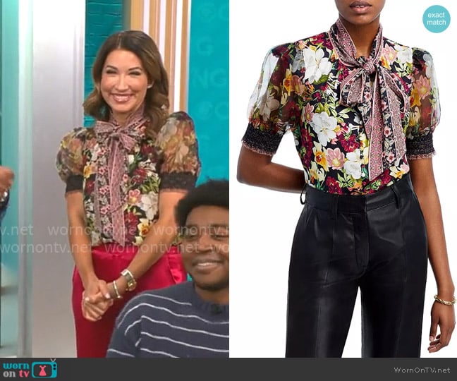 Alice + Olivia Brentley Floral Bow Top worn by Courtney Cason on CBS Mornings