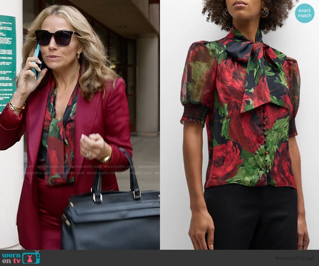 Alice + Olivia Brentley Tie-Neck Puff-Sleeve Blouse worn by Lorna Crane (Becki Newton) on The Lincoln Lawyer
