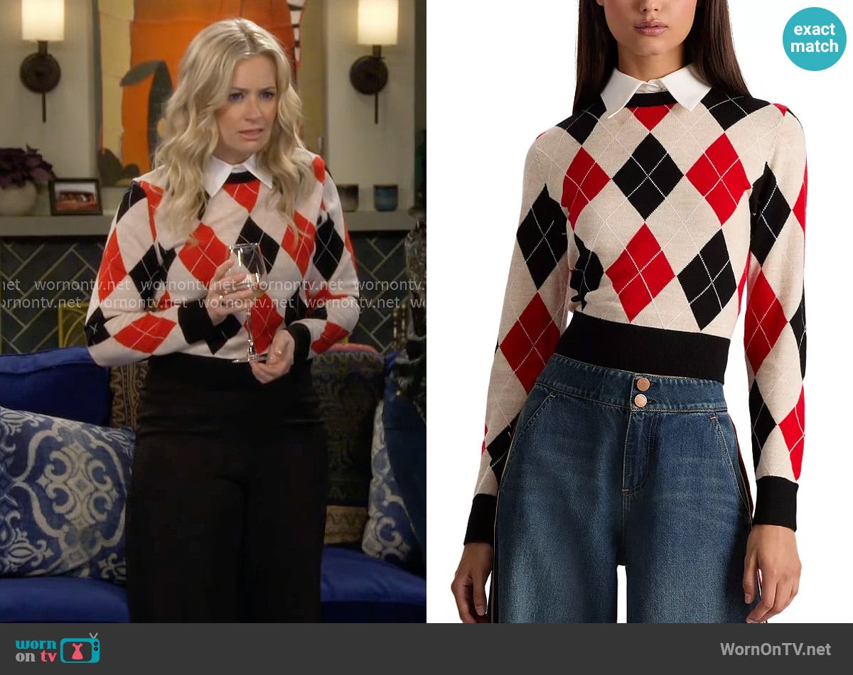 Alice + Olivia Carolann Argyle Pullover worn by Gemma (Beth Behrs) on The Neighborhood