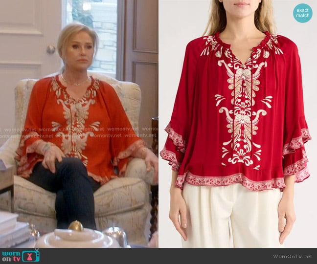 Alice + Olivia Leonora Tiered Ruffle Top worn by Kathy Hilton on The Real Housewives of Beverly Hills