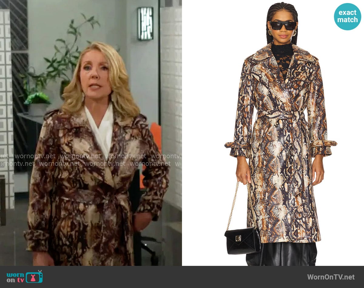 Alice + Olivia Nevada Trench Coat in Camel & Black Snake worn by Nikki Reed Newman (Melody Thomas-Scott) on The Young and the Restless