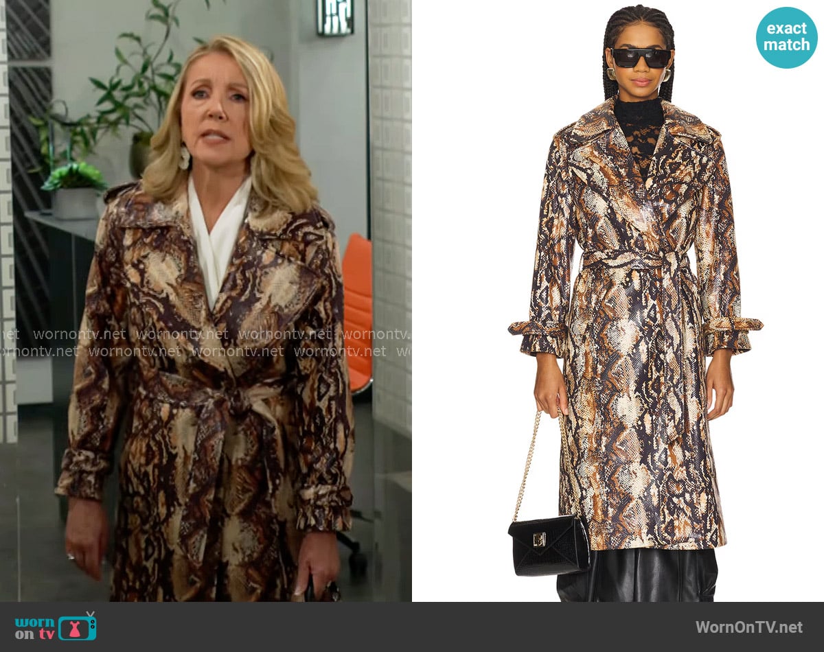 Alice + Olivia Nevada Trench Coat in Camel & Black Snake worn by Nikki Reed Newman (Melody Thomas-Scott) on The Young and the Restless