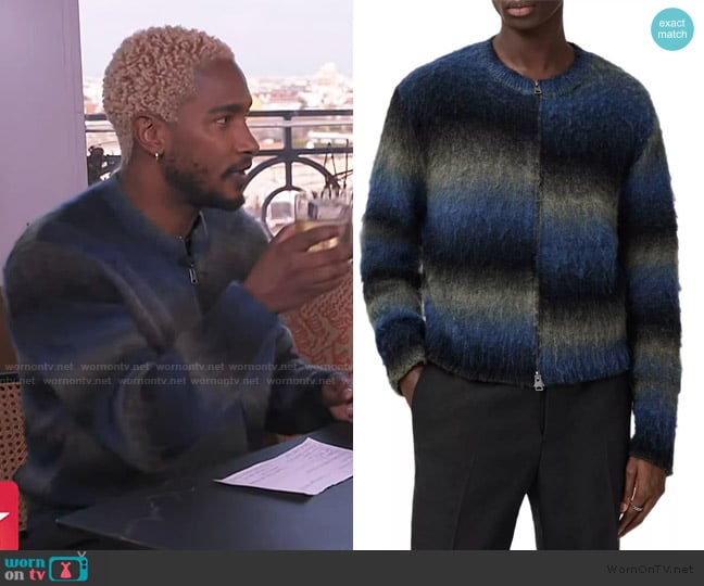 All Saints Halley Ombré Stripe Crewneck Wool Blend Zip Cardigan worn by Scott Evans on Access Hollywood