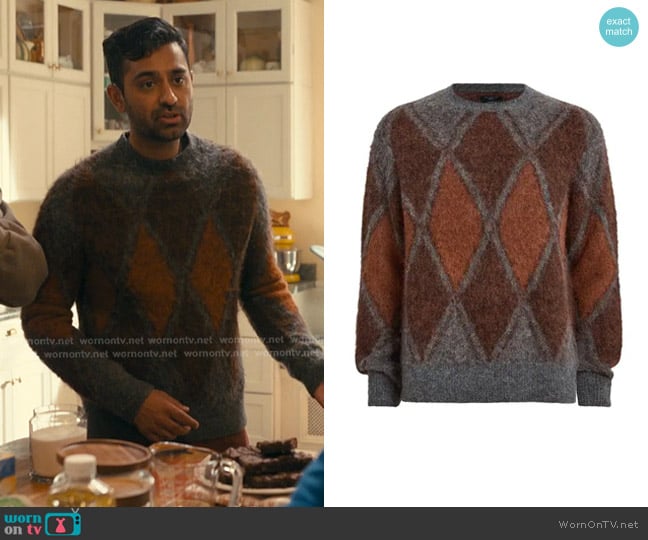 All Saints Mord Argyle Sweater in Charcoal Marl worn by Naveen Varma (Kapil Talwalkar) on The Burbs