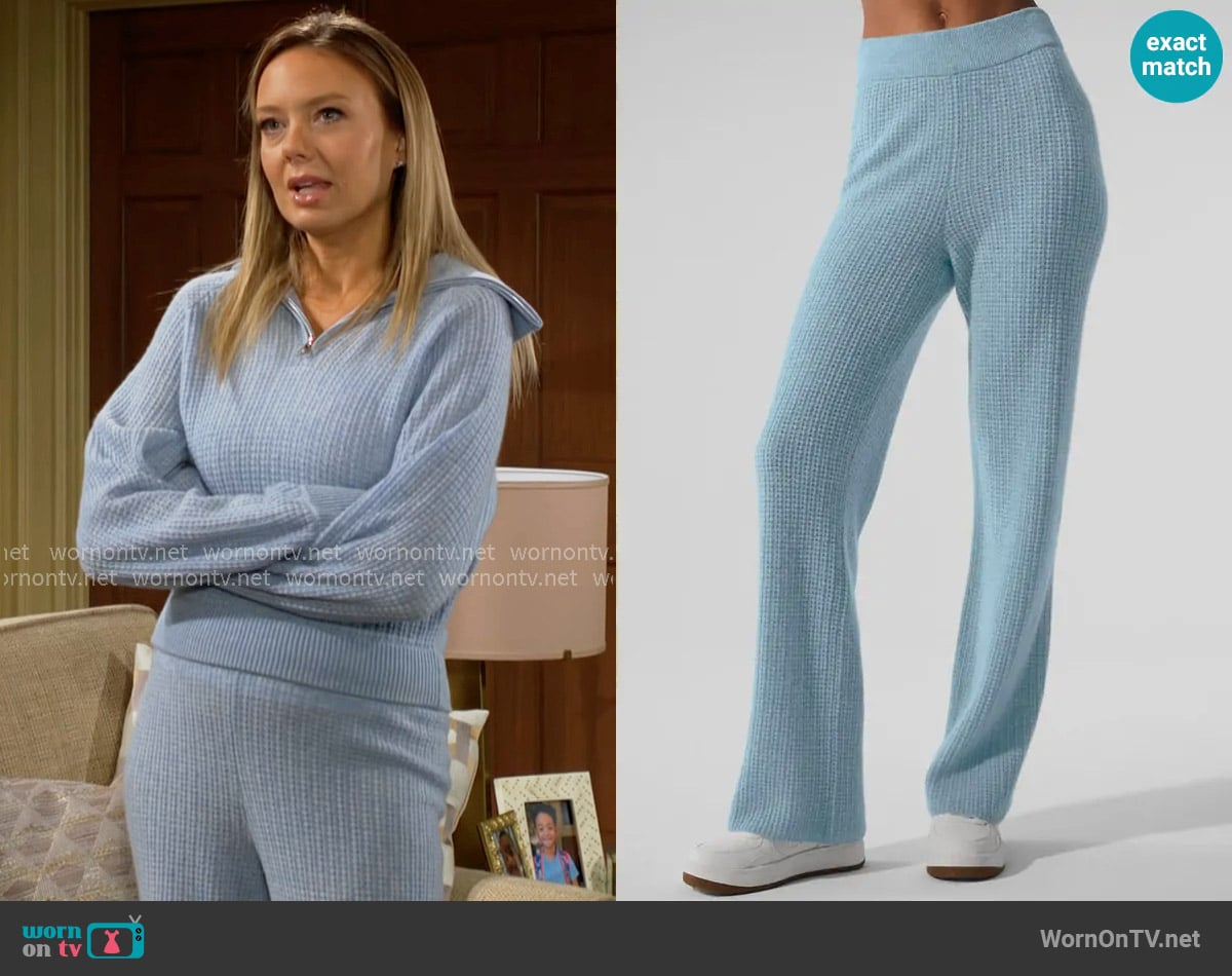 Alo Cashmere High-Waist Plush Waffle Pant in Celestial Blue Heather worn by Abby Newman (Melissa Ordway) on The Young and the Restless