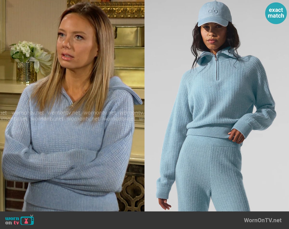 Alo Cashmere Plush Waffle 1/4 Zip Pullover in Celestial Blue Heather worn by Abby Newman (Melissa Ordway) on The Young and the Restless