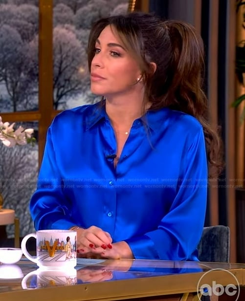 Alyssa’s blue satin blouse on The View