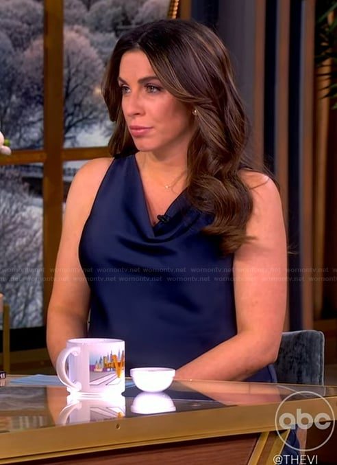 Alyssa’s navy satin cowl neck dress on The View