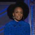 Amber Ruffin’s blue heart print blouse on The Kelly Clarkson Show