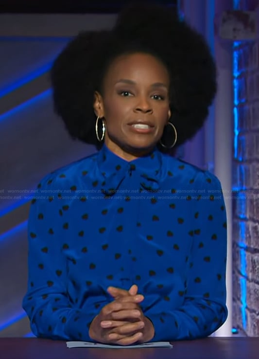 Amber Ruffin's blue heart print blouse on The Kelly Clarkson Show