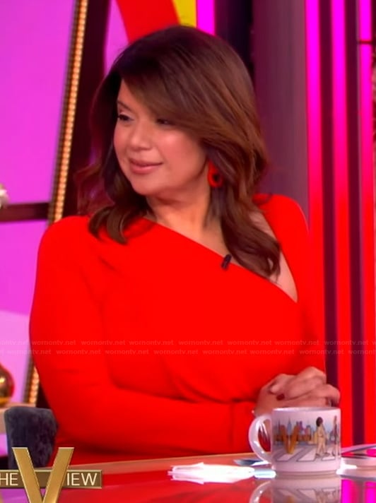 Ana’s red drape asymmetric neckline dress on The View