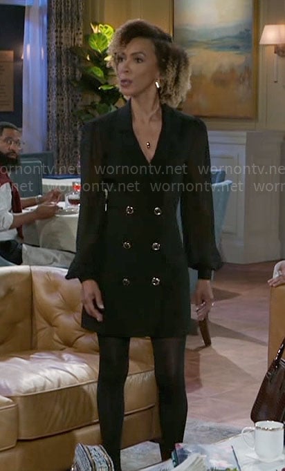 Anastasia’s black blazer dress on Beyond the Gates