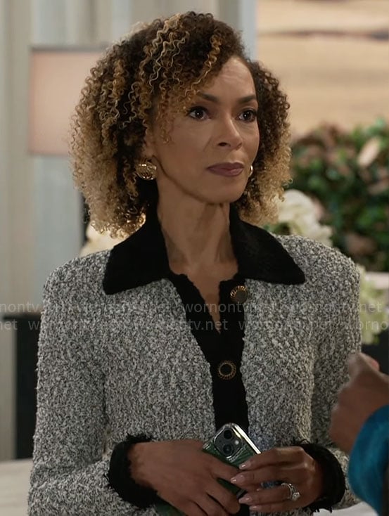 Anastasia’s tweed cardigan on Beyond the Gates