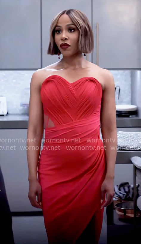 Andi's red strapless corset dress on Tyler Perrys Sistas