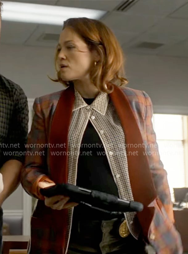 Angie’s plaid blazer with velvet lapel and houndstooth shirt on Will Trent