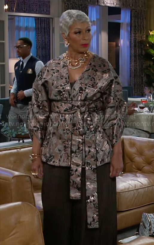 Anita’s printed jacquard belted jacket on Beyond the Gates