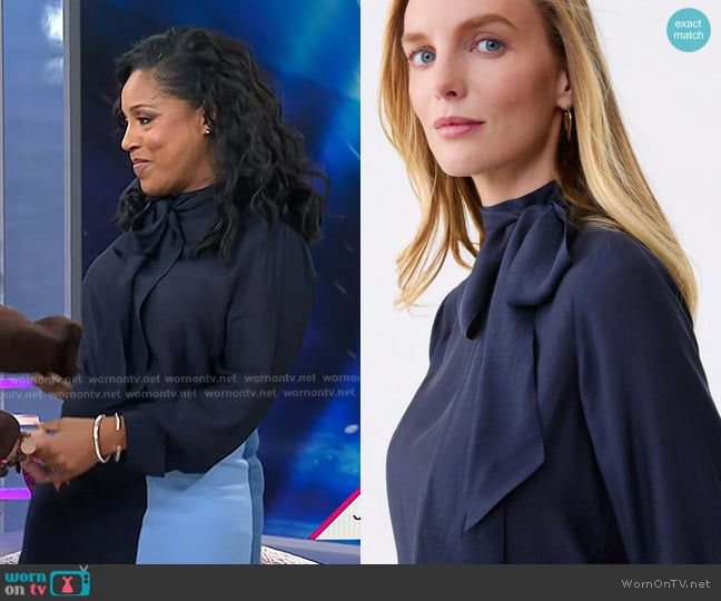 Ann Taylor Bow Blouse in Night Sky worn by Sheinelle Jones on Today
