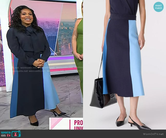 Ann Taylor Colorblock Sweater Skirt in Blue Multi worn by Sheinelle Jones on Today