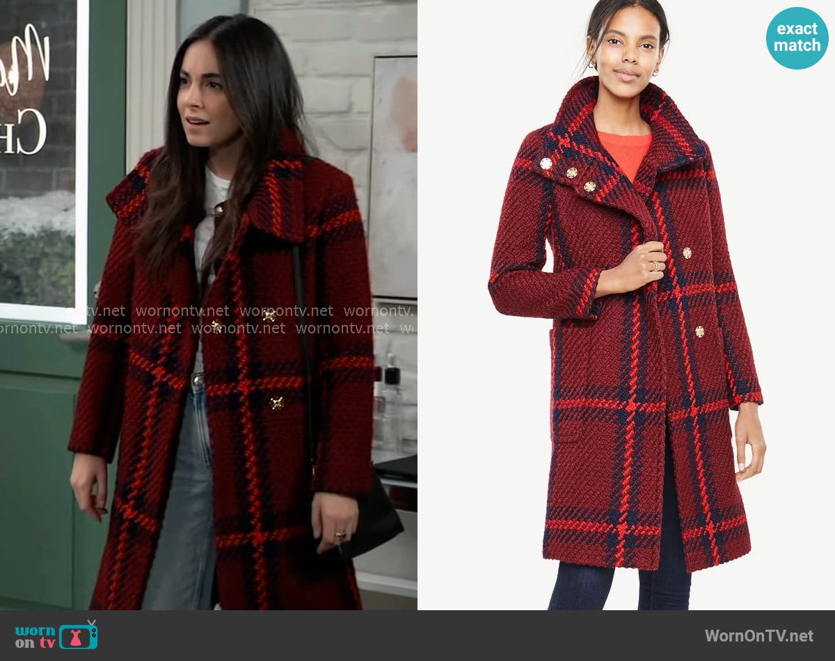 Ann Taylor Plaid Funnel Neck Coat worn by Molly Lansing-Davis (Kristen Vaganos) on General Hospital
