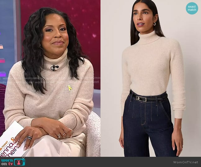 Ann Taylor Studio Collection Cashmere Ribbed Turtleneck Sweater in Neutral worn by Sheinelle Jones on Today