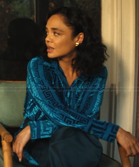 Anna's blue monogram print metallic blouse on His & Hers