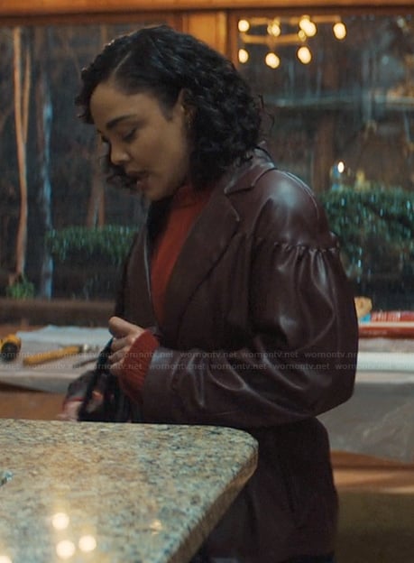 Anna's burgundy leather blazer on His & Hers