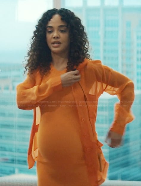 Anna's orange sheer jacket on His & Hers