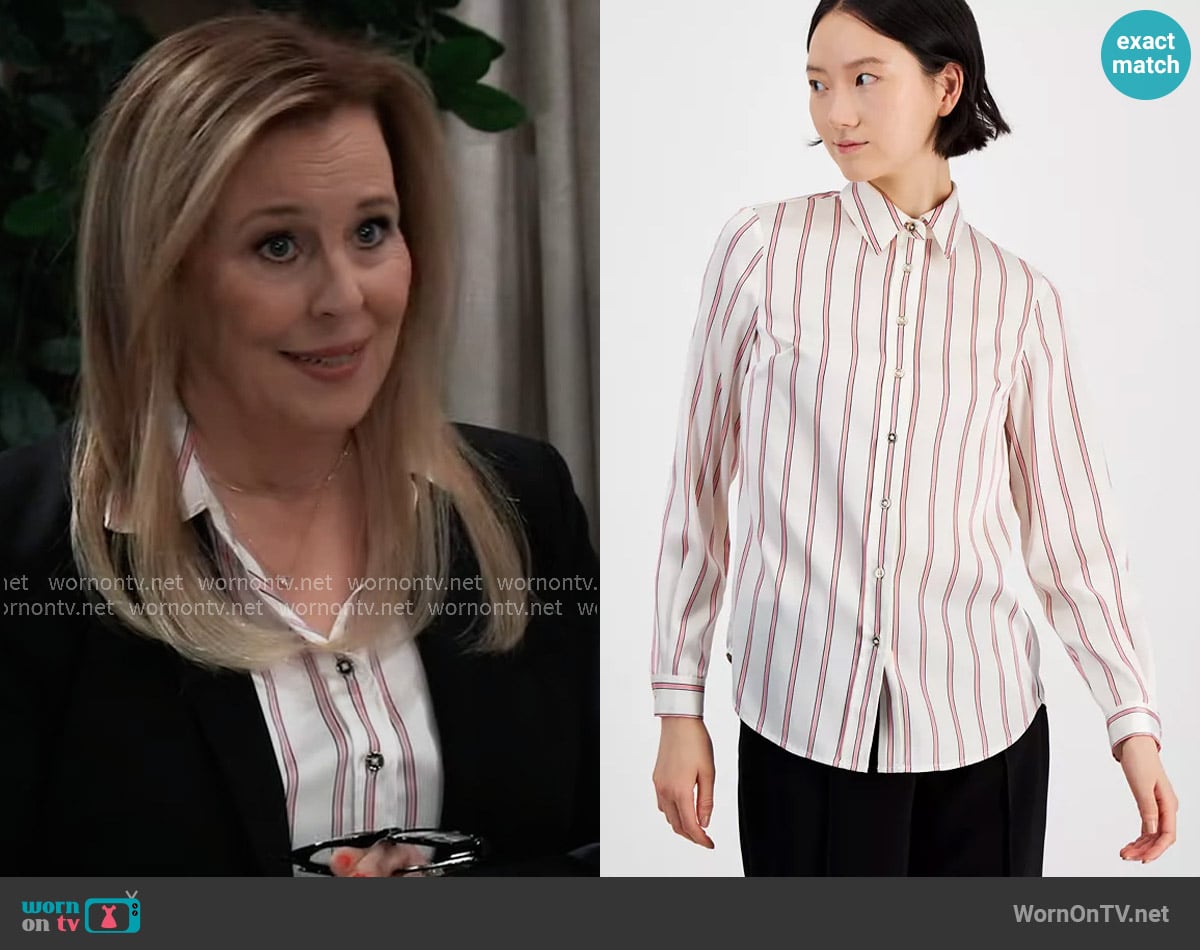Anne Klein Striped Collared Button-Front Shirt worn by Laura Collins (Genie Francis) on General Hospital