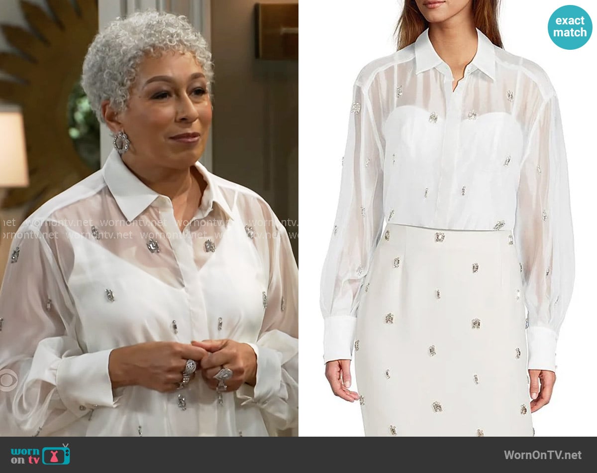 Antonio Melani Priscilla Sheer Organza Jewel Embellished Blouse worn by Anita Dupree (Tamara Tunie) on Beyond the Gates