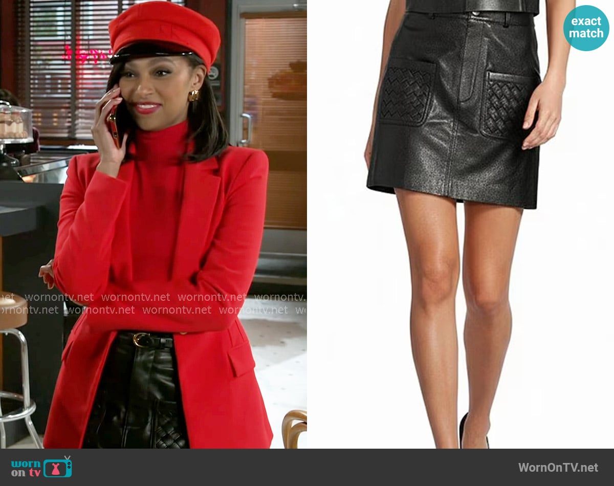 Antonio Melani Rihanna Genuine Leather Patch Pocket Mini A-Line Skirt worn by Kat Richardson (Colby Muhammad) on Beyond the Gates