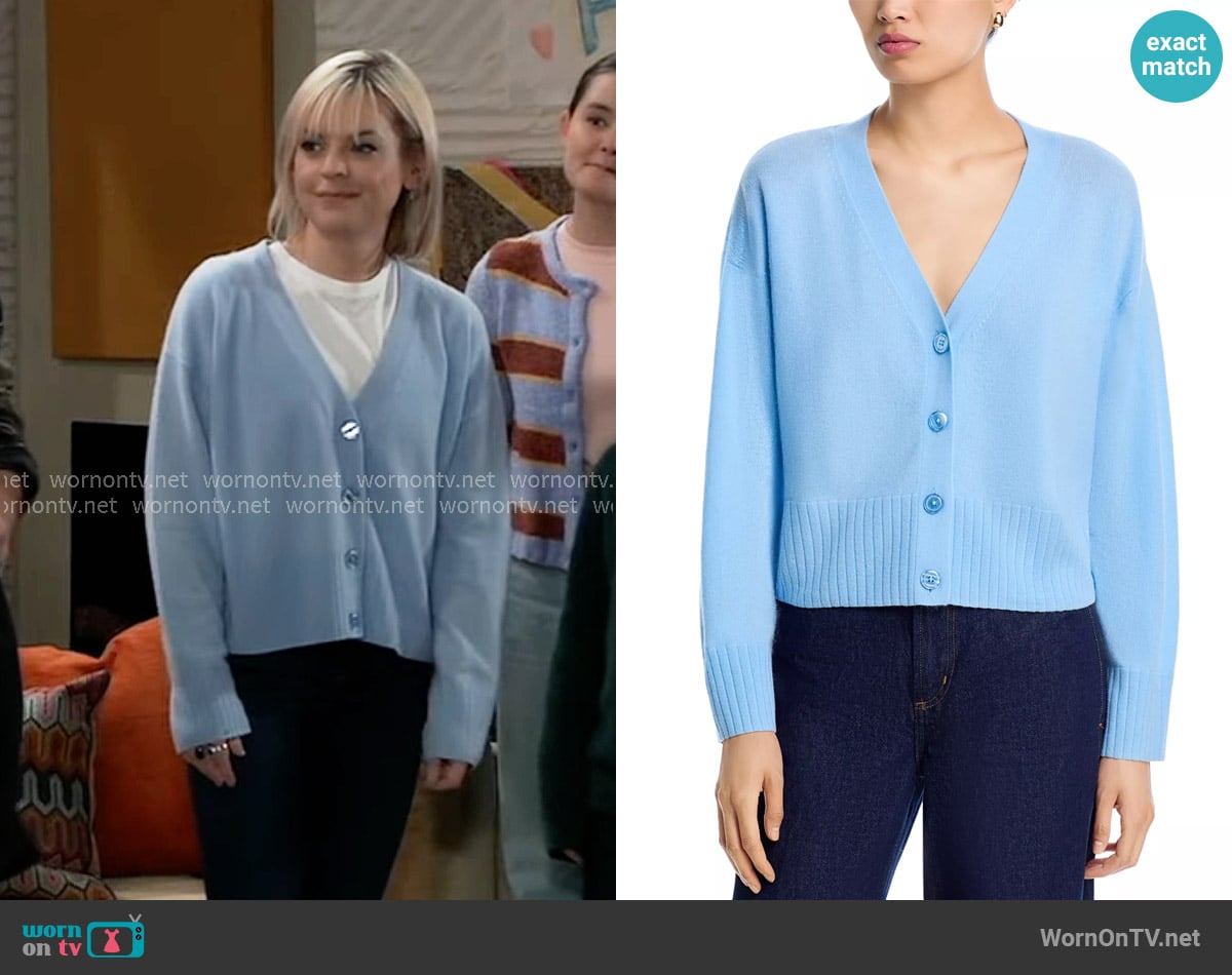 Aqua 100% Cashmere V Neck Cardigan in Bright Sky worn by Maxie Jones (Kirsten Storms) on General Hospital
