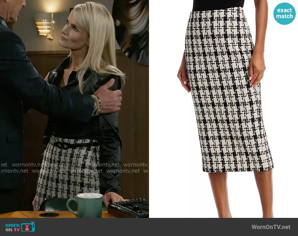 Aqua Houndstooth Tweed Midi Skirt worn by Vanessa McBride (Lauren Buglioli) on Beyond the Gates