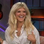 Arden Myrin’s striped blouse and skirt on The Kelly Clarkson Show