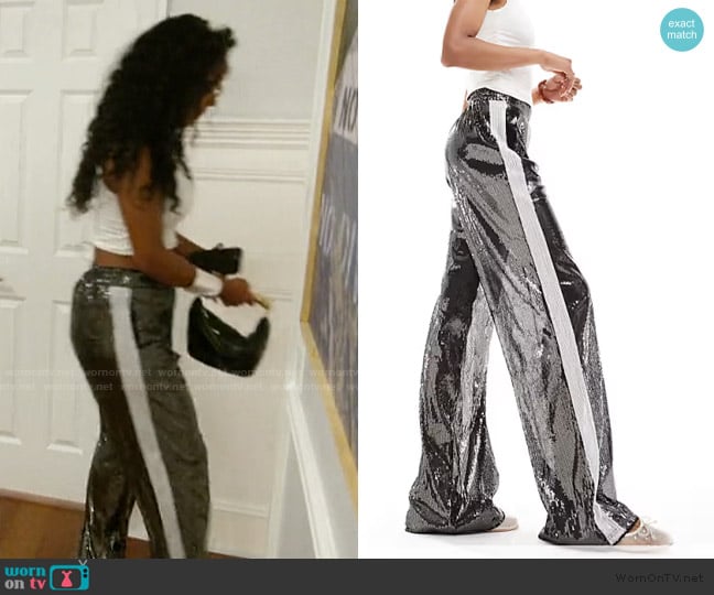 ASOS Sequin pants with contrast panel in gray worn by Mia Calabrese on Summer House