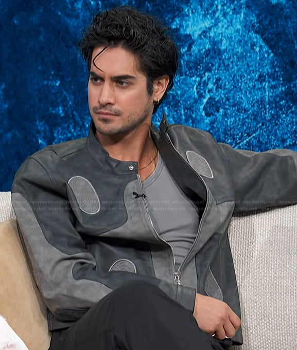 Avan Jogia’s gray suede jacket on Access Hollywood